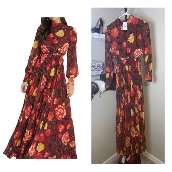 Vici Dresses & Skirts - Vici Women's Waist Cutout Pleated Long Sleeve Maxi Dress in Rust Floral